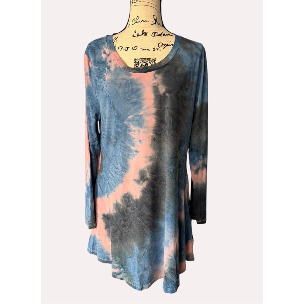 NWT Umgee Tie Dye Tunic Top S Blue Pink Long Sleeve Knit Pockets Boho M5211